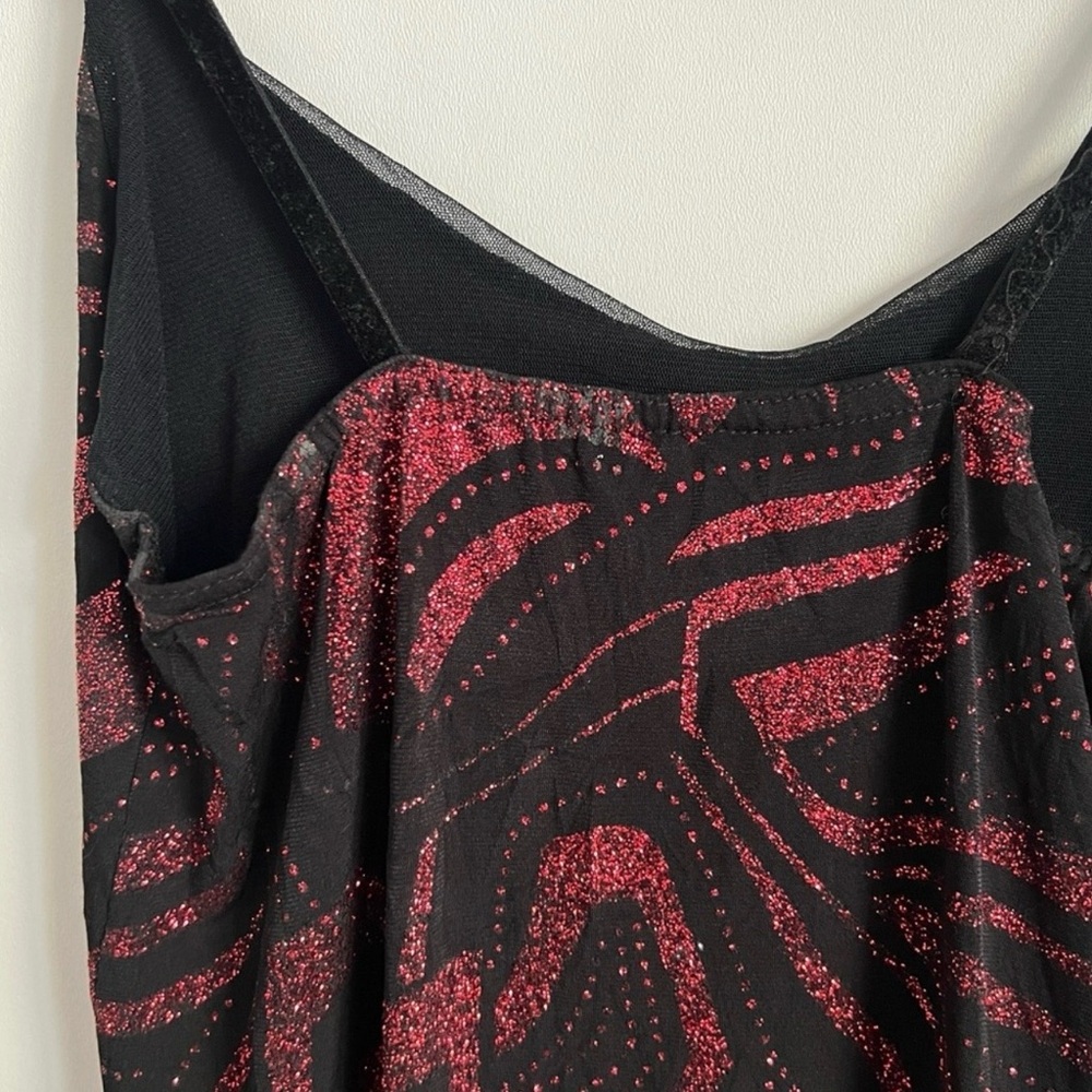 Y2K Black Red Glitter Asymmetrical Dress Ruffle Hem Spaghetti Strap Party Dress - Picture 11 of 14